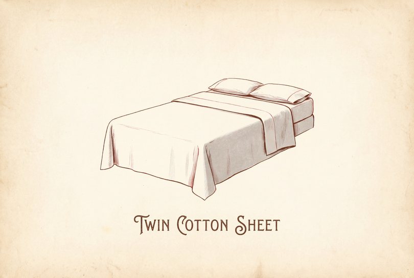 A twin bed with a white flat sheet folded back over a gray blanket at the head, sides tucked neatly under the mattress.