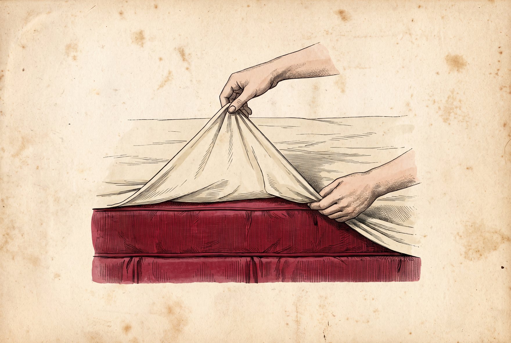 Hands folding a flat sheet into a hospital corner at the corner of a mattress, with the sheet's long side already tucked under the mattress and no elastic.