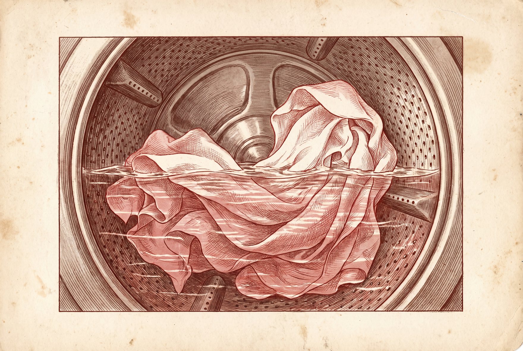 View into a washing machine drum filled halfway with a single set of linen sheets, the fabric moving loosely through water with no towels or other items in the load.
