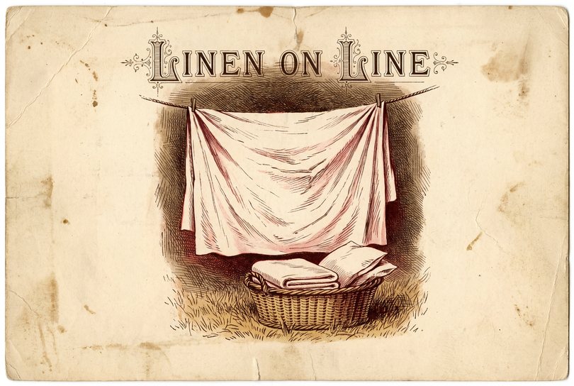 Illustration of a rumpled white linen sheet drying on a clothesline in the shade of a tree, with a wicker basket of folded linen bedding sitting on the grass beneath it.