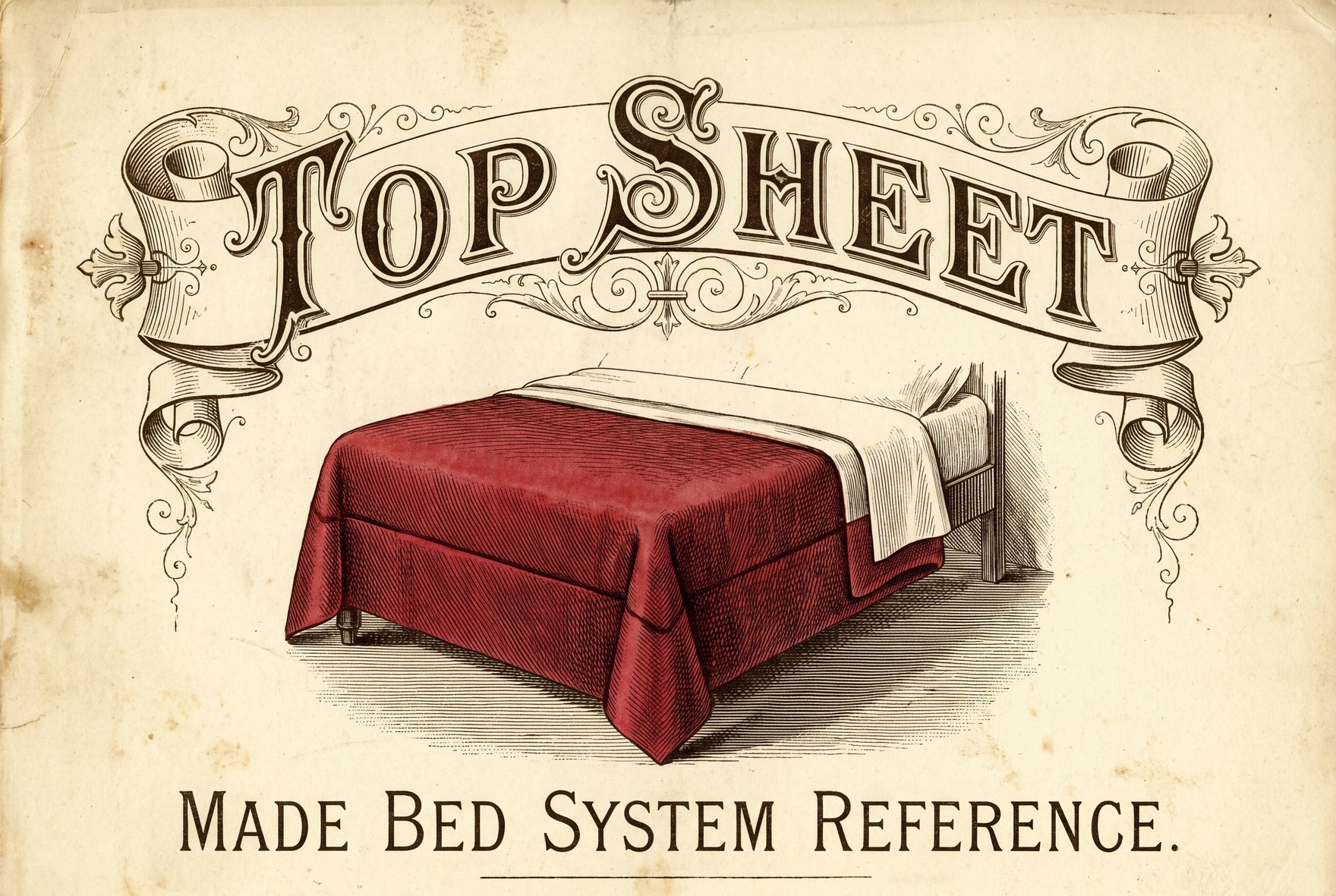 A Victorian trade-catalogue engraving: a made bed with its bedding draped to the floor, drawn in fine walnut-ink line inside an ornamental ruled frame on bone paper.