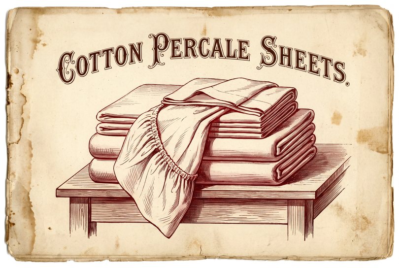 A stack of three folded white percale sheet sets on a plain table, the top one opened at one corner so the fitted sheet's elasticated hem hangs over the table edge.