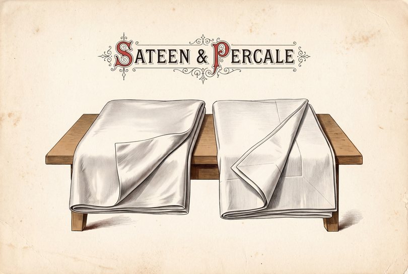 Two folded white sheets on a wooden bench. The left sheet has a smooth, faintly shiny surface and one corner turned back. The right sheet looks matte and holds a sharper crease.