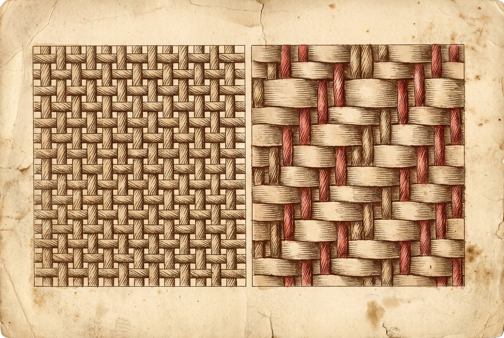 Magnified view of two cotton weaves side by side, percale with yarns alternating one over and one under, and sateen with longer yarn floats lying across the surface
