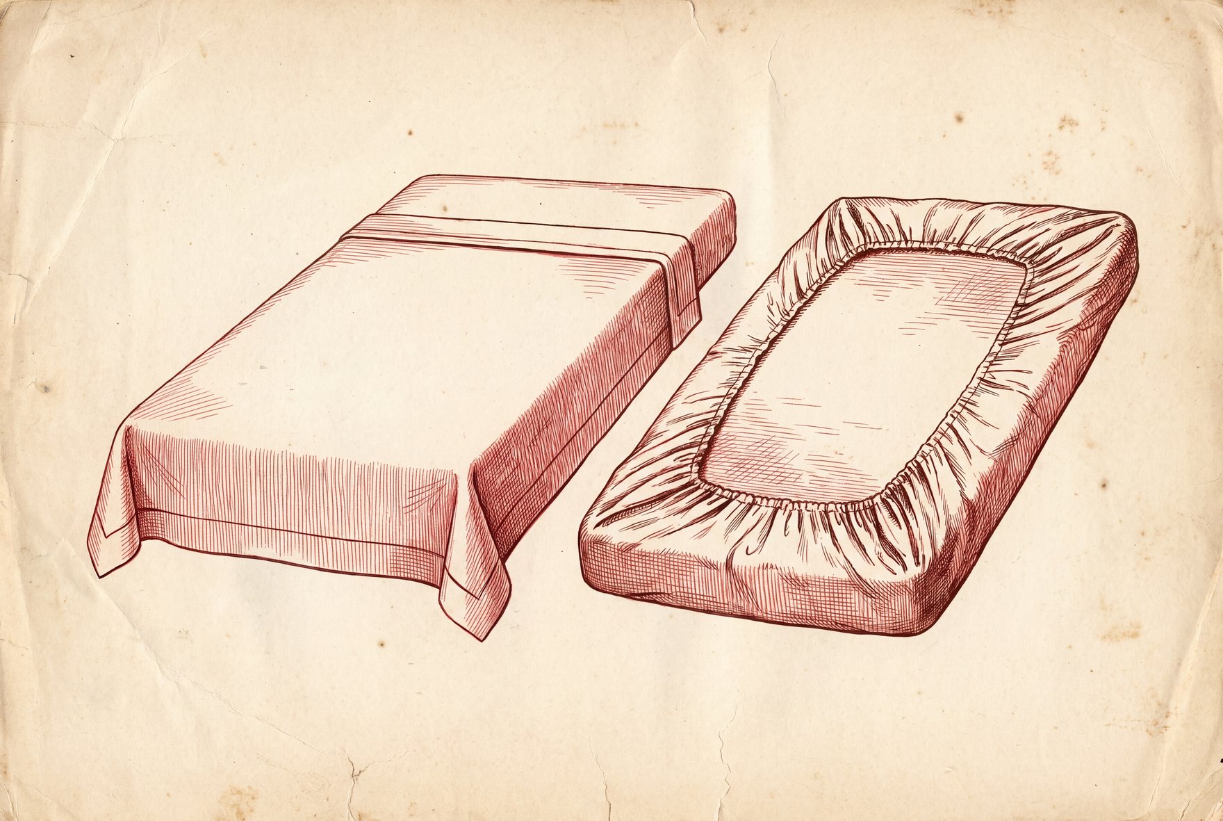 A flat top sheet spread out as a plain hemmed rectangle with no elastic, next to a fitted sheet with elastic-gathered corners shaped to grip a mattress.